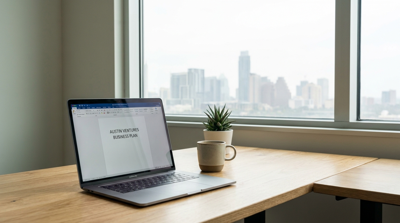 A modern office desk in Austin, Texas, with a laptop open to a business plan, symbolizing entrepreneurship in Texas.