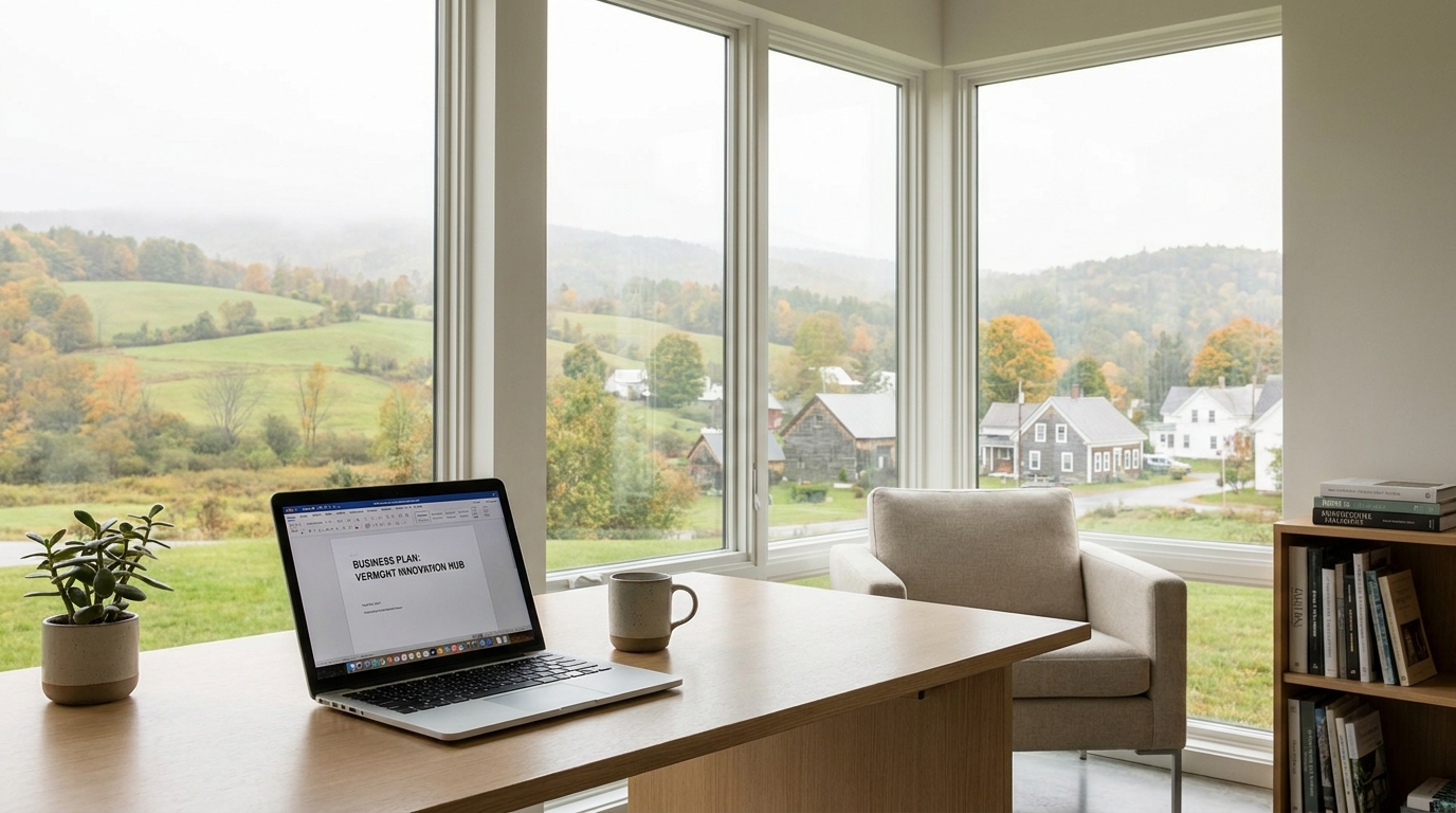A modern workspace with a laptop open to a business plan, set against a backdrop of Vermont's green mountains and a charming town.