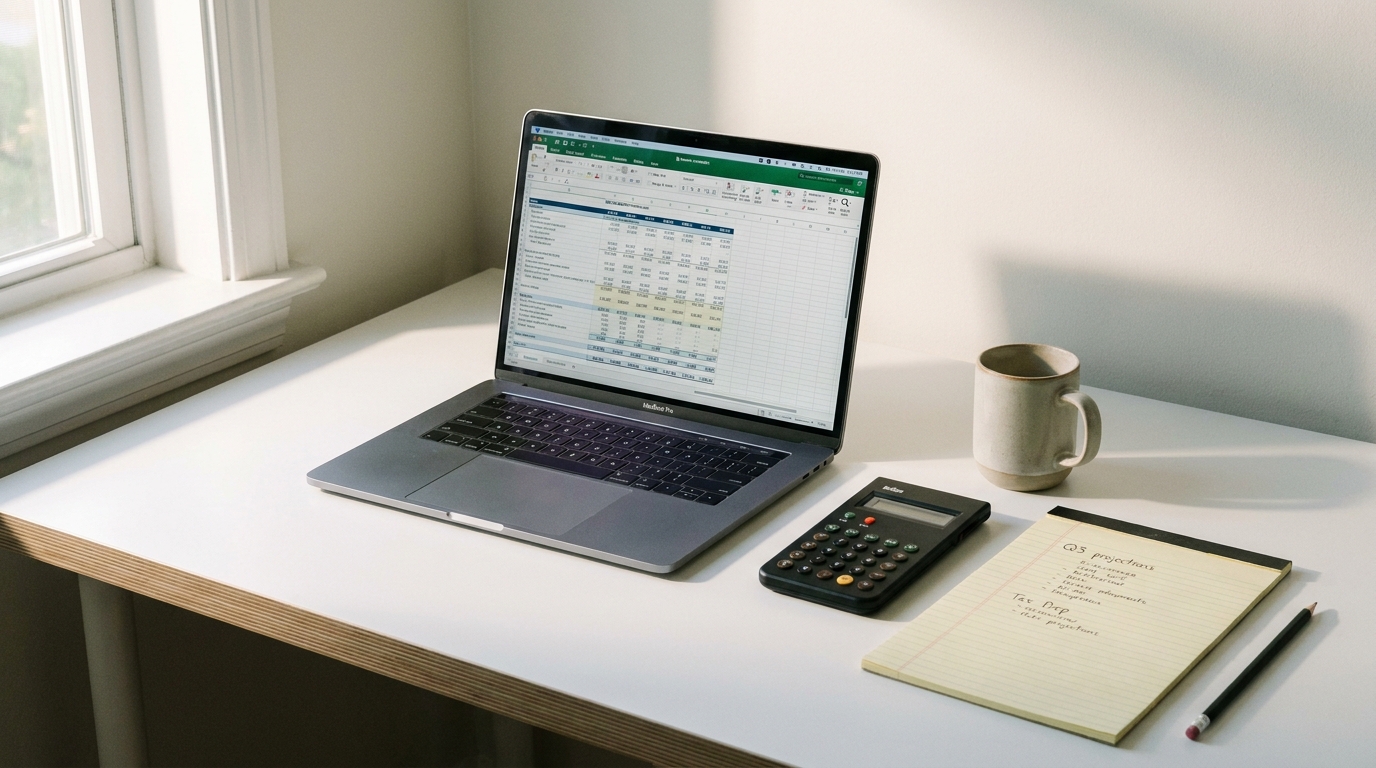 A clean desk setup with a laptop showing financial data, a calculator, and business documents, symbolizing organized accounting and tax planning.