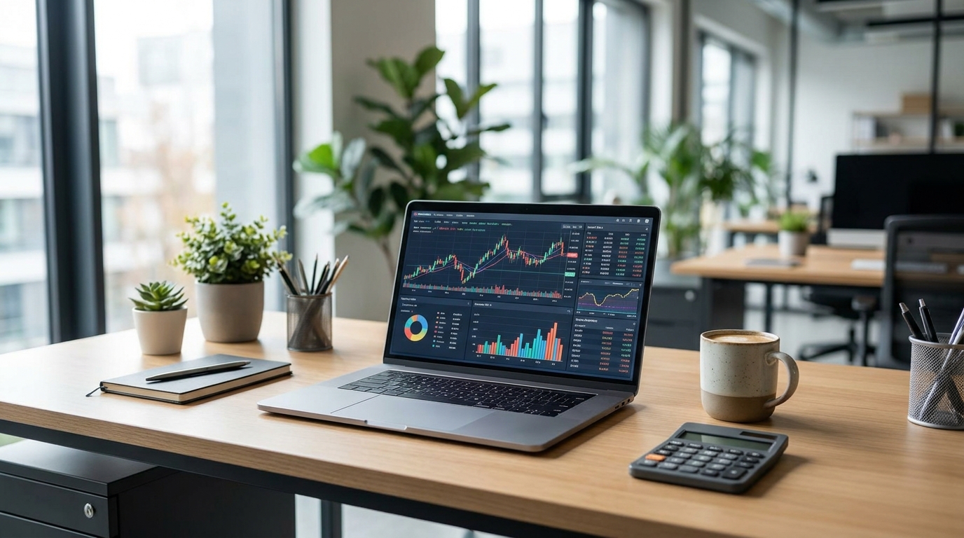 A clean desk setup with a laptop showing financial data, a calculator, and coffee, representing modern accounting and tax management.