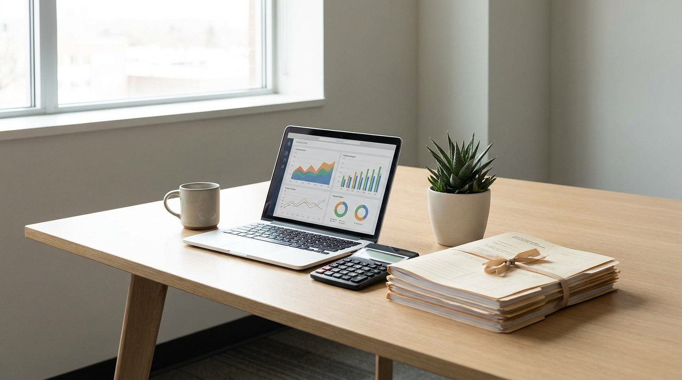A clean desk setup with a laptop showing financial data and essential accounting tools, symbolizing organized tax preparation.