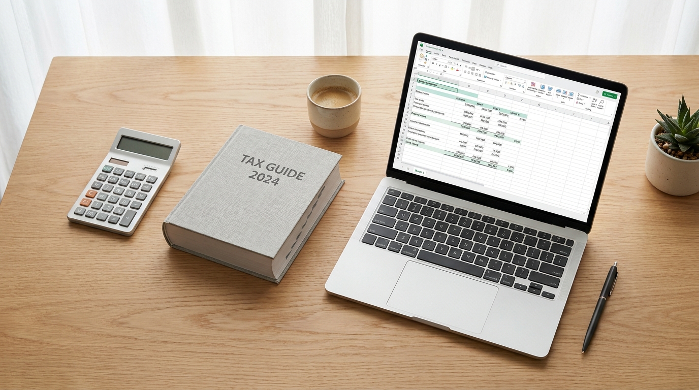 Flat lay of accounting tools: calculator, tax code book, laptop with spreadsheet, and pen on a light wooden desk.