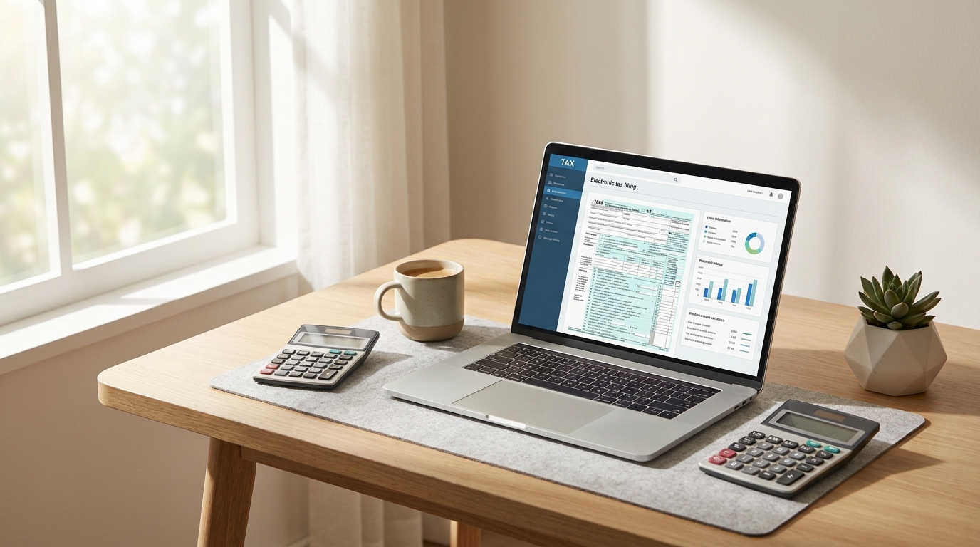 A well-organized desk with tax documents on a laptop screen, emphasizing efficient financial management for agencies.
