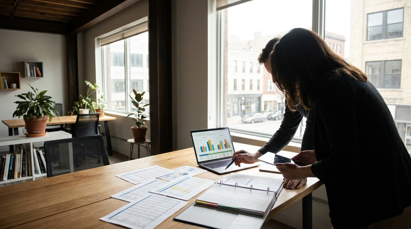 Two co-founders reviewing tax documents and a financial dashboard on a laptop, discussing strategies in a modern office.