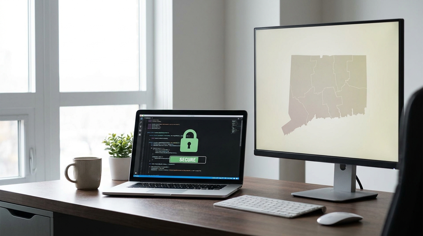 A sleek desk with a laptop showing cybersecurity code and a Connecticut map, symbolizing secure business operations.