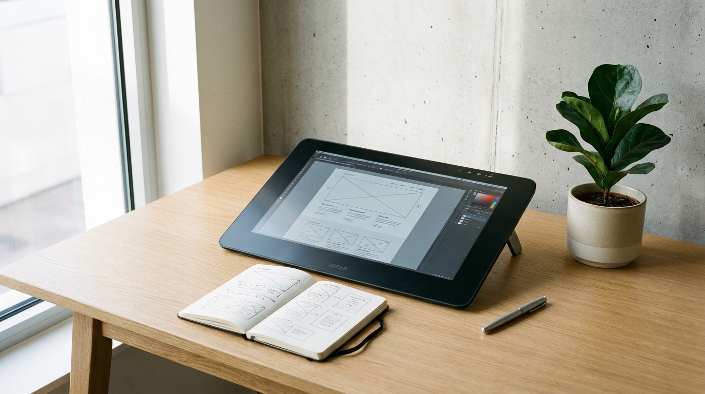 A sleek design tablet showing a digital wireframe, a physical sketchbook, and professional design tools on a clean desk, symbolizing a designer's workflow.