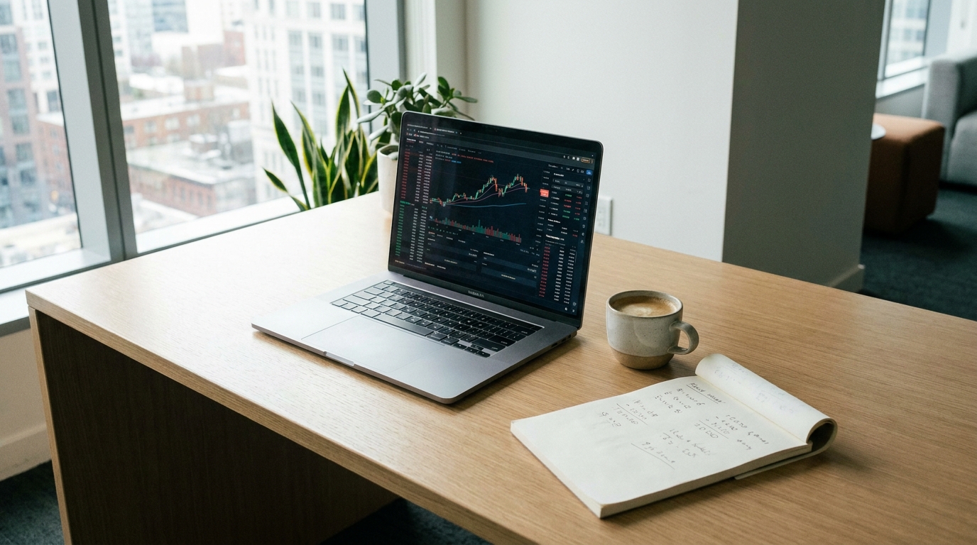 A laptop showing financial data, a coffee cup, and notes on a desk in a well-lit modern office.