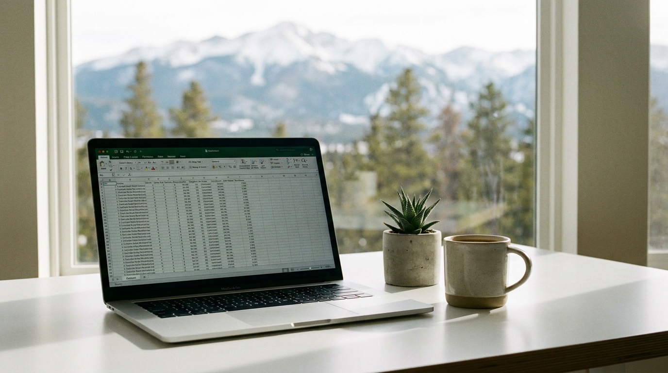 A modern desk with a laptop open to tax documents, a coffee cup, and a plant, with Colorado mountains visible outside the window.