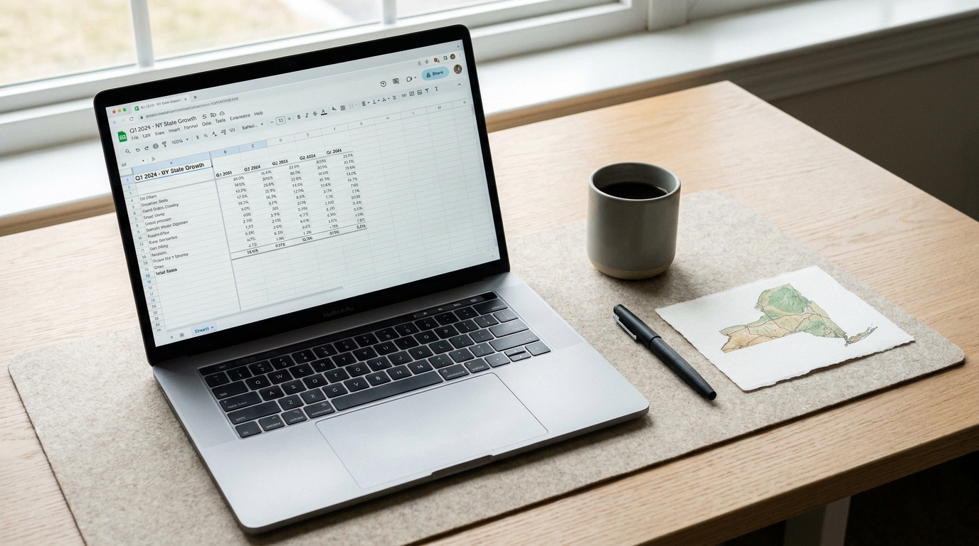 Overhead view of a clean desk with a laptop showing tax data, a coffee, and a stylized map of New York.