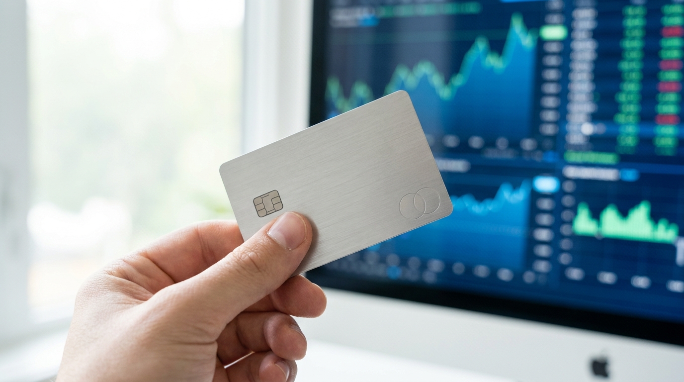 A modern credit card resting on a desk with a laptop displaying fintech data in the background, symbolizing financial technology and tax management.