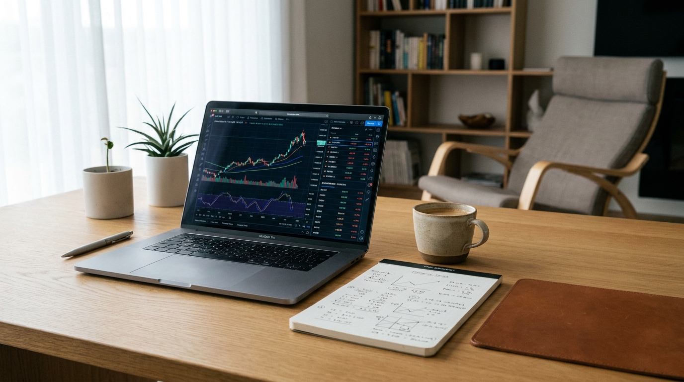 Laptop displaying fintech financial data and tax documents on a desk with coffee and a notepad.