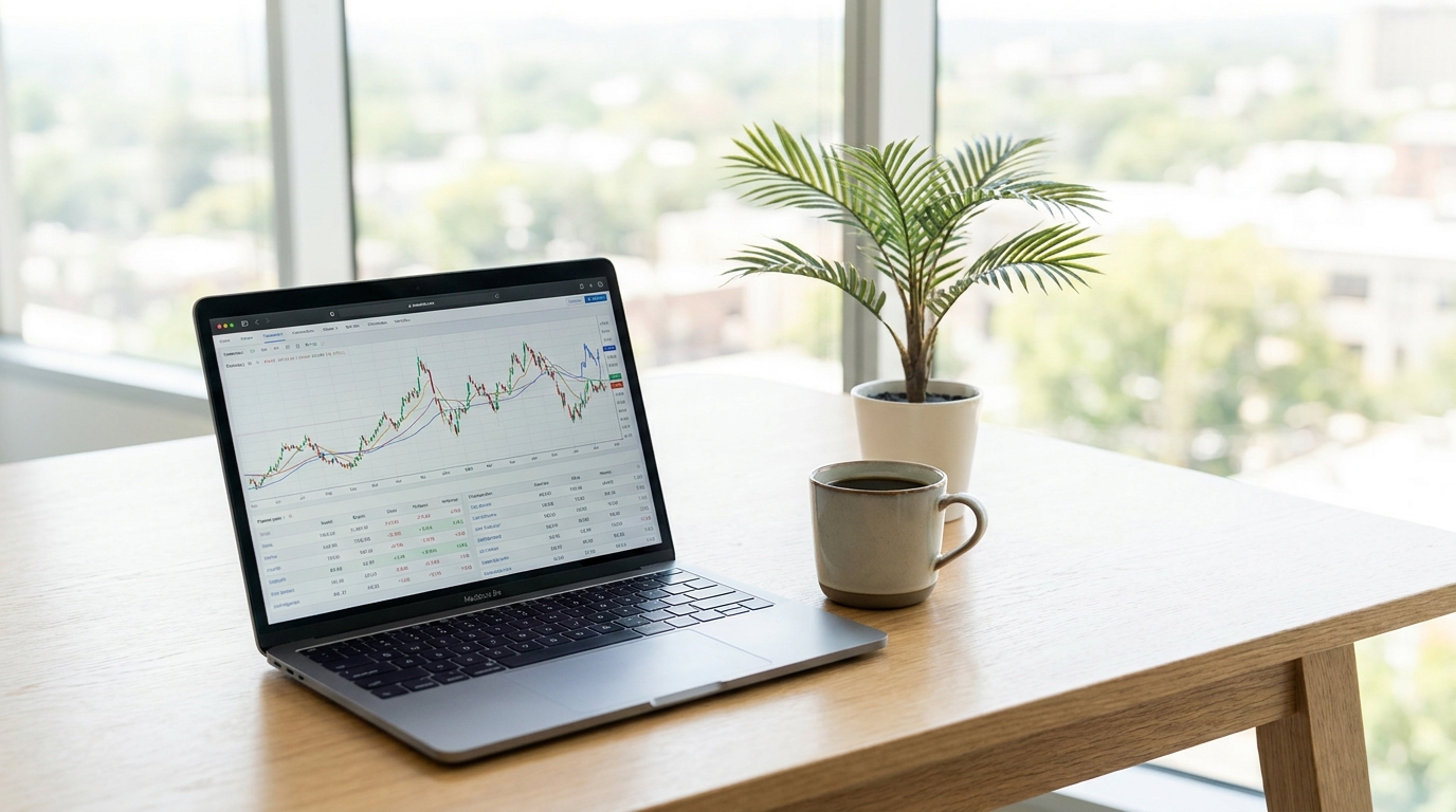 A sleek laptop showing financial data, a coffee cup, and a small palm tree on a modern desk, symbolizing fintech and Florida.