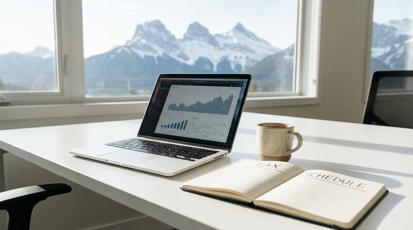 A modern desk setup with a laptop showing financial data, a coffee mug, and a planner, against a backdrop of the Rocky Mountains, symbolizing financial planning for a Colorado LLC.
