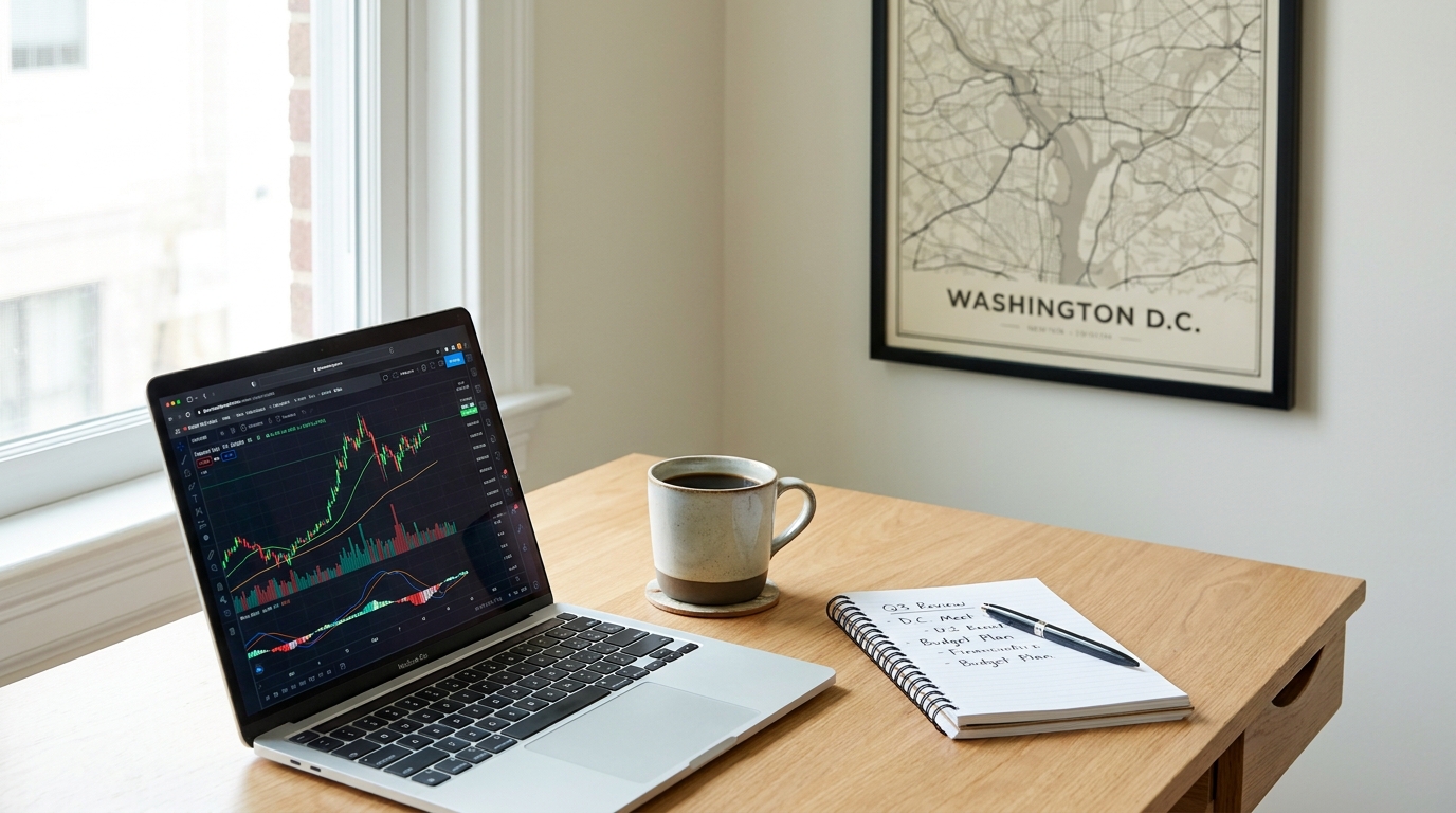 Desk with laptop showing financial data and a blurred map of Washington D.C., representing franchise tax navigation.