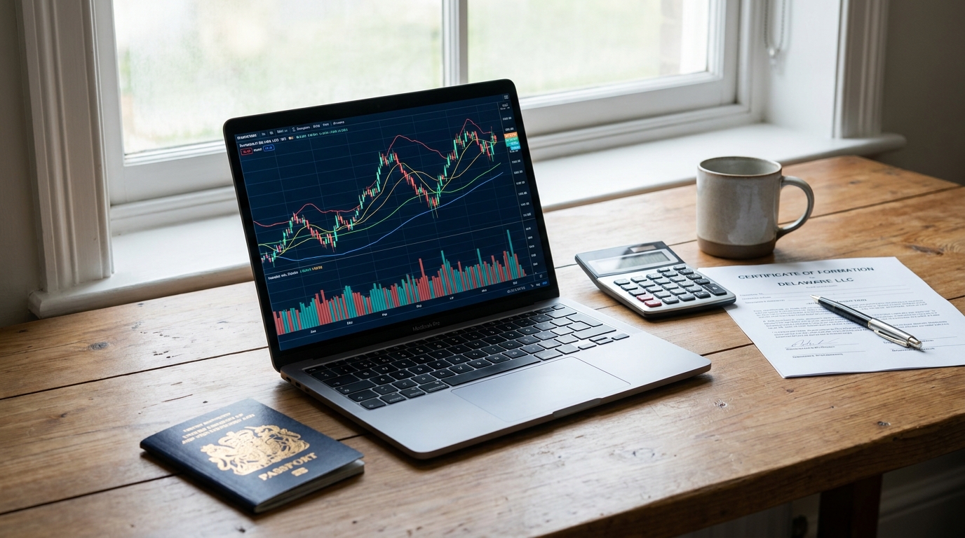 Desk with a laptop showing financial data, a non-US passport, a calculator, and Delaware LLC documents, symbolizing international business and tax planning.