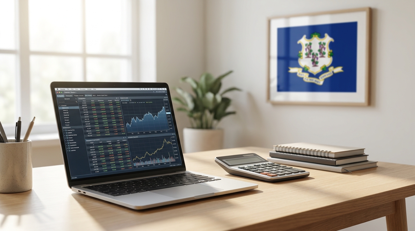 A clean desk setup with a laptop showing tax forms, a calculator, and a subtle Connecticut flag, symbolizing financial planning for a business.
