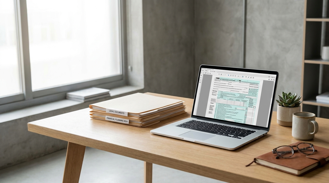 A neatly organized desk with tax documents, a laptop, and a cactus, symbolizing efficient legal services tax preparation in Arizona.