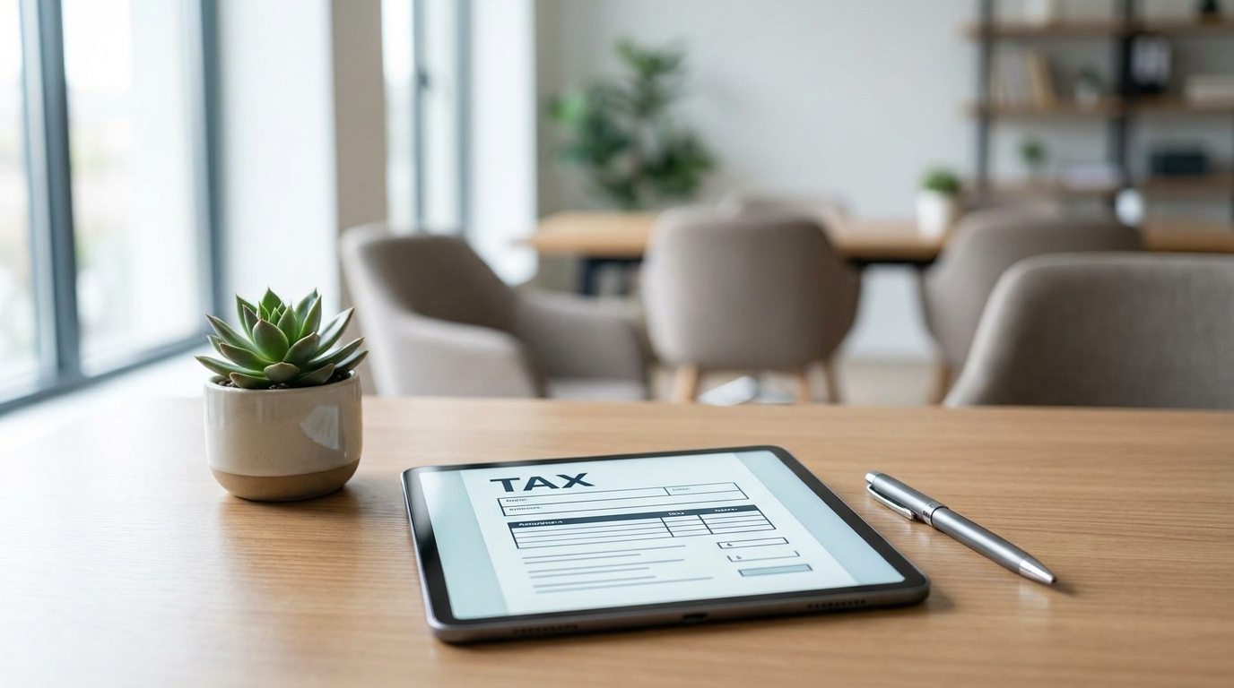 Tablet displaying a tax form, a pen, and a plant on a clean desk, symbolizing organized nonprofit tax compliance in California.