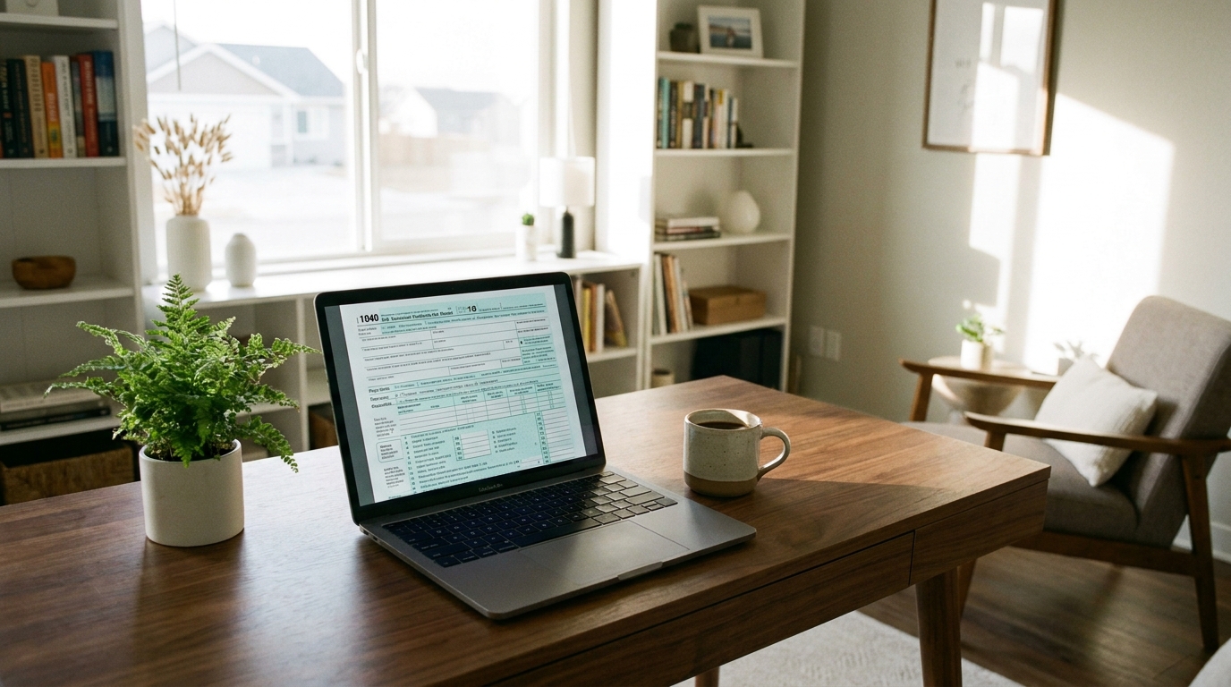 A clean desk with a laptop open to a tax document, a coffee cup, and a plant, symbolizing diligent financial planning for an online business in Connecticut.