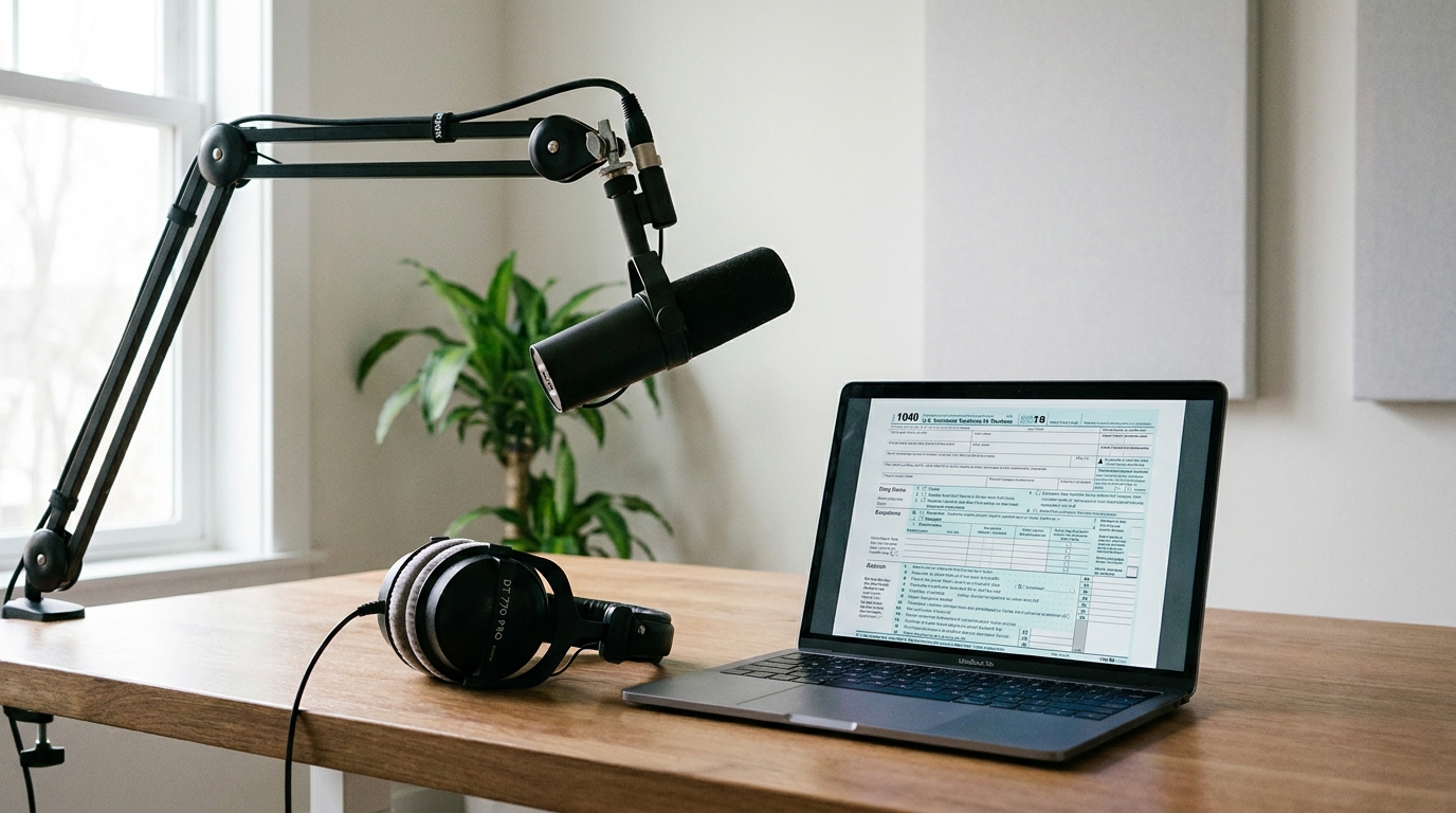 A clean, modern podcast studio with a microphone, headphones, and laptop showing tax documents, bathed in natural light.