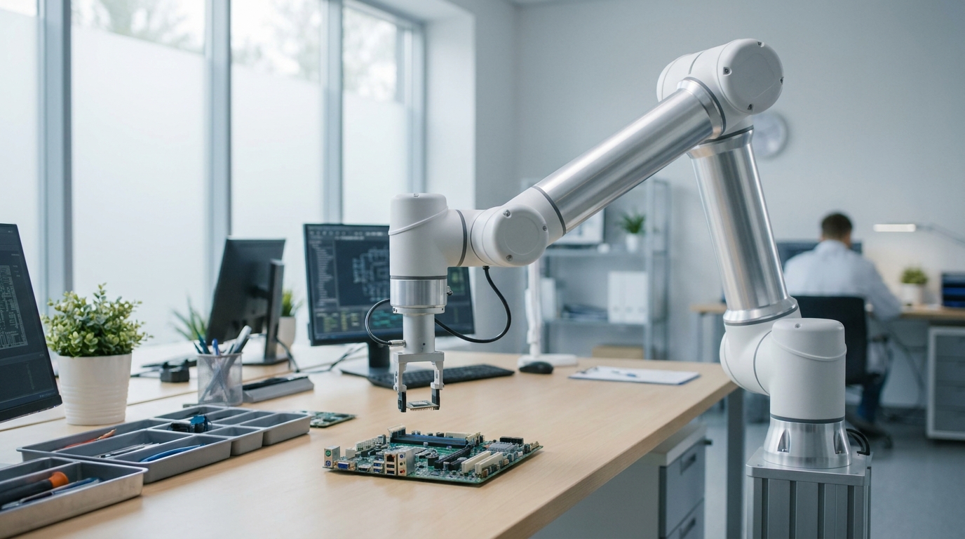 A robotic arm assembling components in a clean, modern lab setting, illustrating precision and technology.