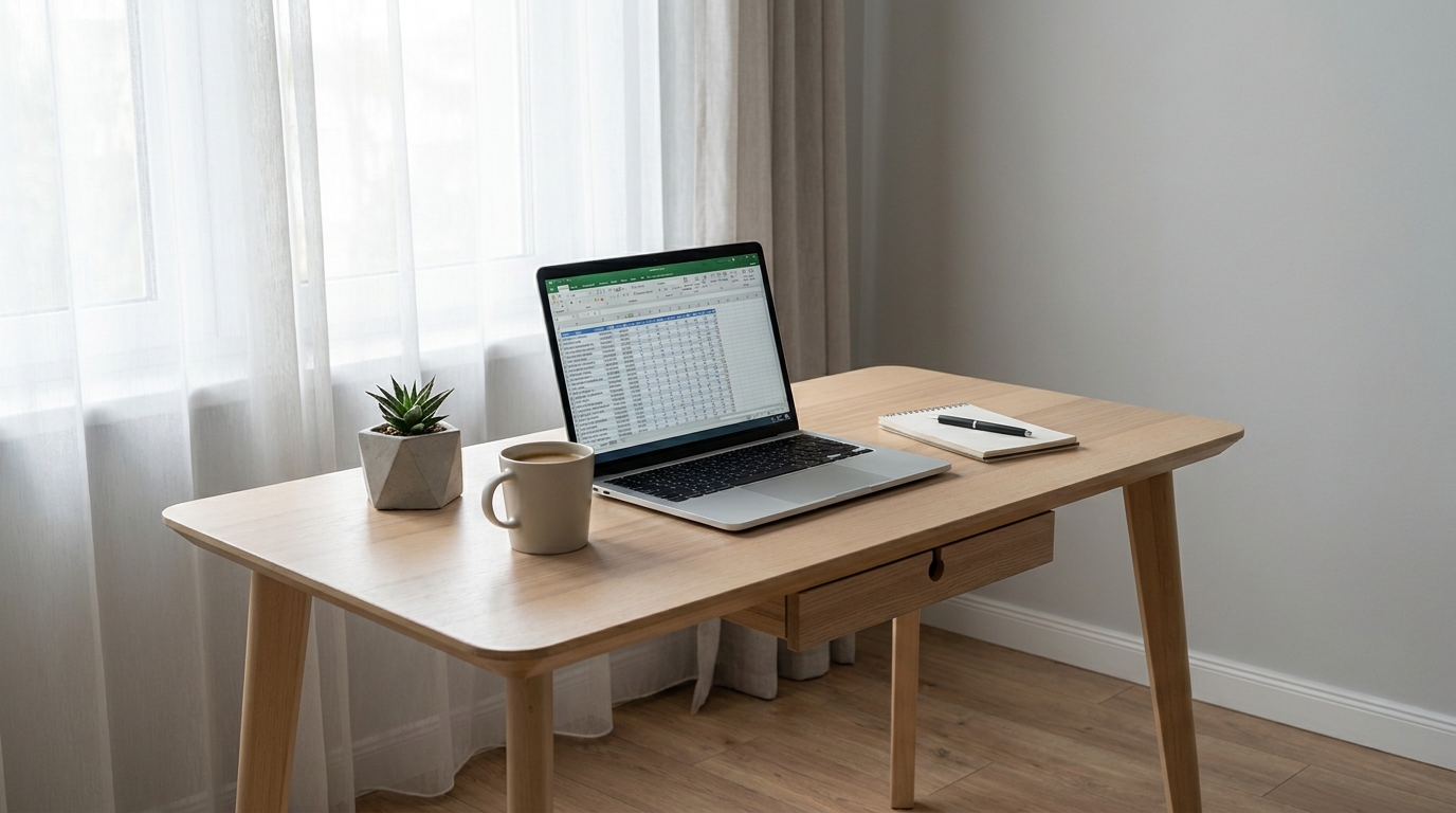 A clean desk setup with a laptop showing financial data, a coffee cup, and a plant, symbolizing organized business operations.