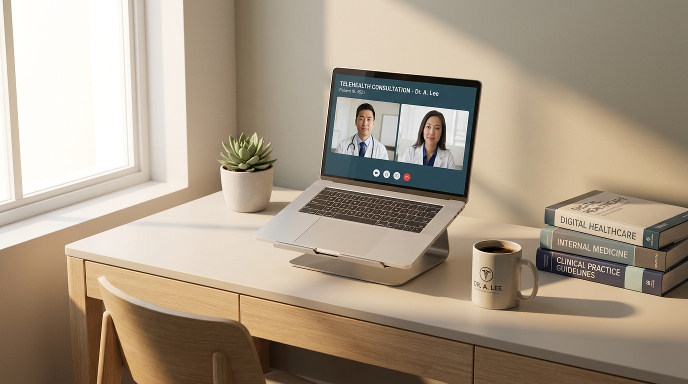A well-organized desk with a laptop showing a telehealth interface, symbolizing efficient remote healthcare business operations in California.