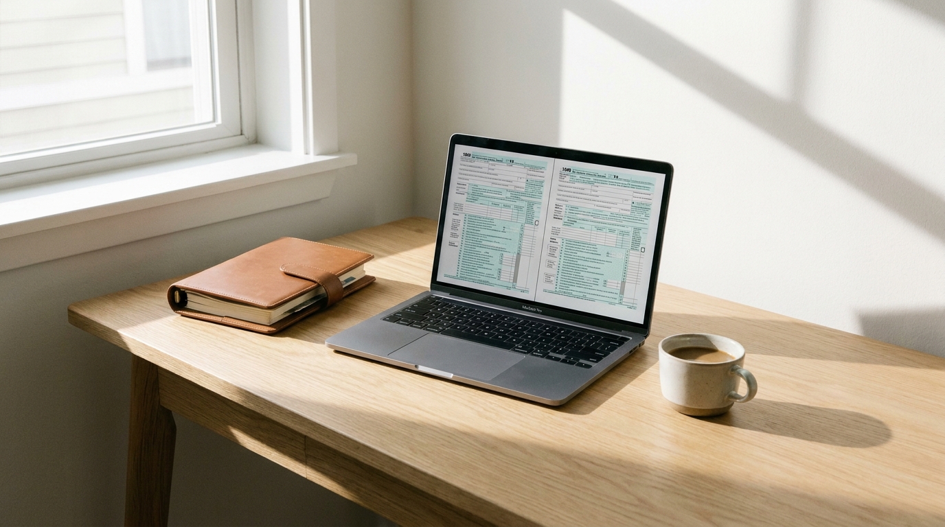 A well-organized desk with a laptop open to tax software, a physical planner, and a pen, symbolizing financial planning and compliance.