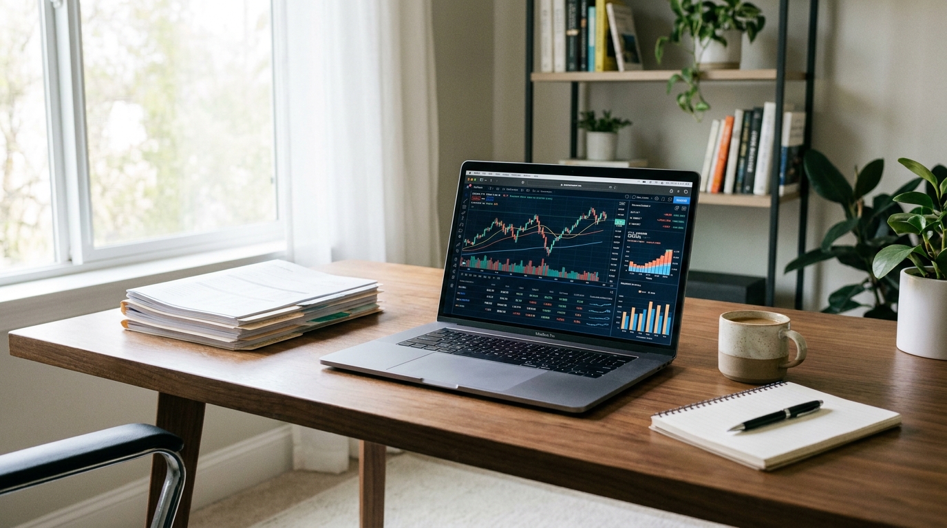 A clean desk with a laptop showing tax forms and financial data, a planner, and a coffee cup, symbolizing organized financial management for a virtual assistant LLC in Connecticut.