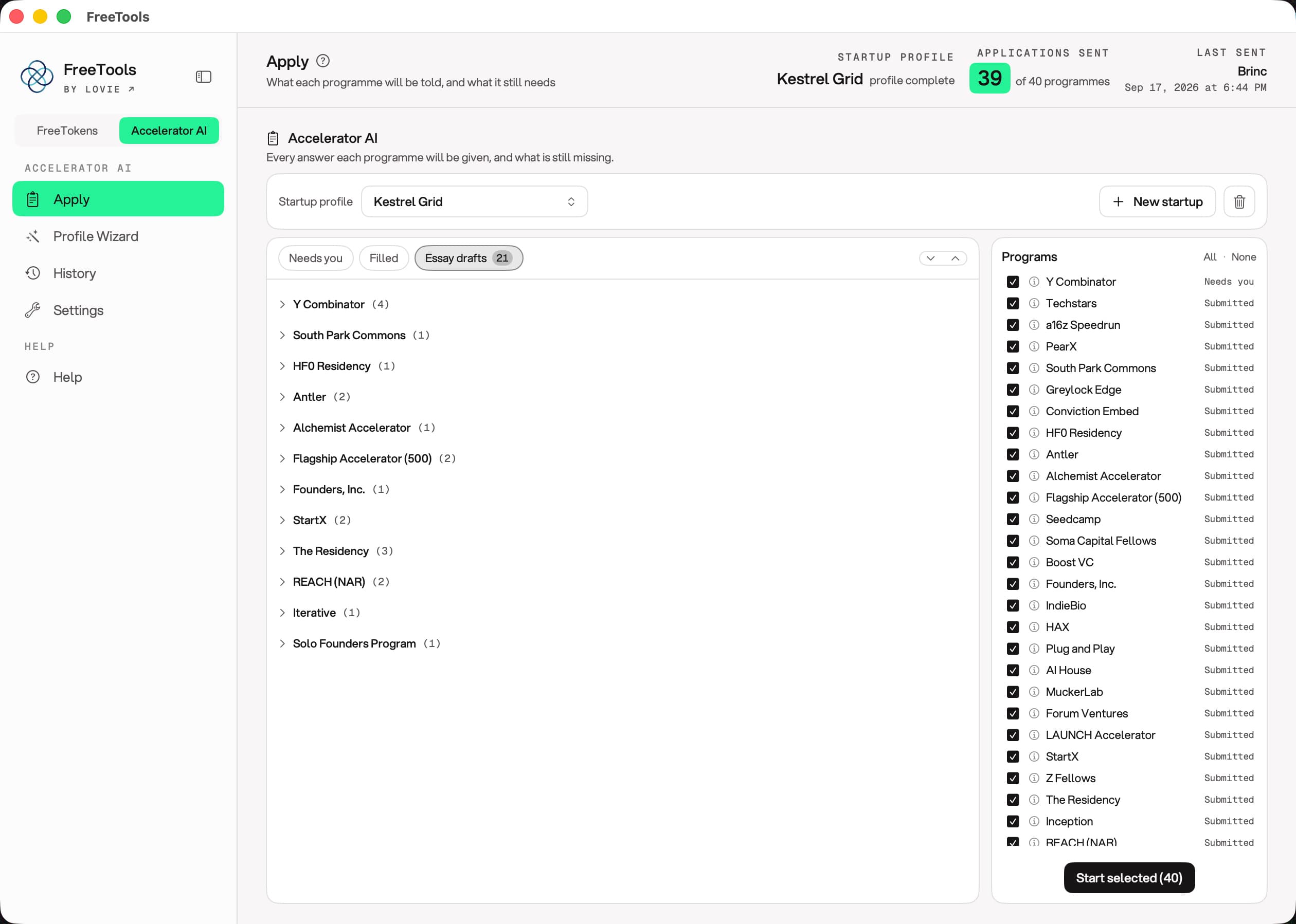The app's Apply screen: one startup profile, forty accelerator programmes, thirty-nine applications already sent.